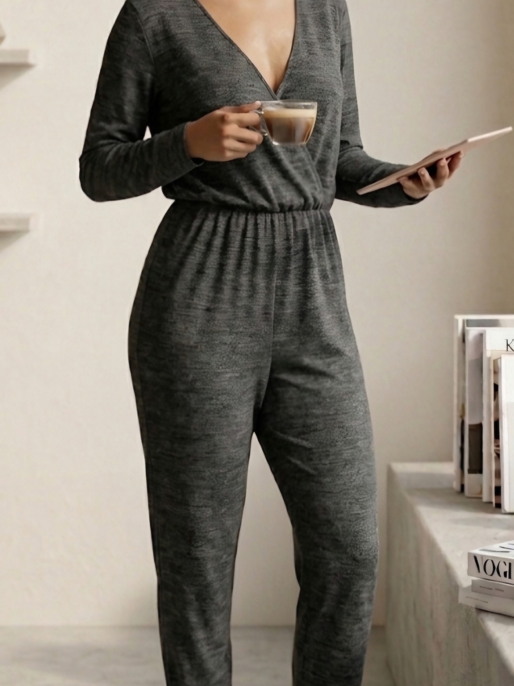Rewind Women's Charcoal Gray Long-Sleeve Jumpsuit